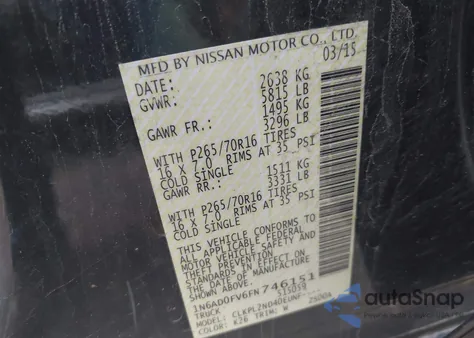 2015 Nissan Frontier Sv from USA, damaged, VIN 1N6AD0FV6FN746151
